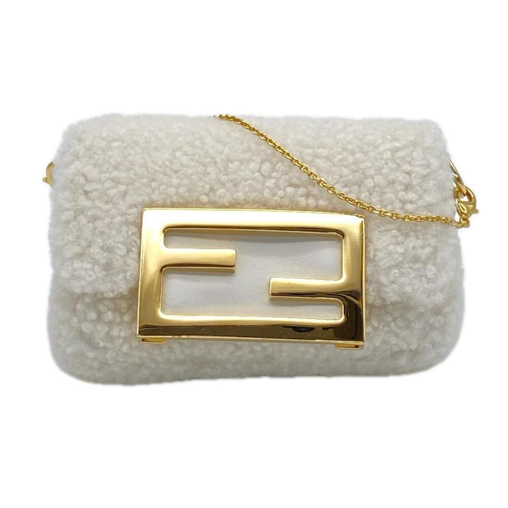 FENDI Sheepskin Nano Bucket Boa Chain Shoulder Bag 7AS045 - Gold & White Women's